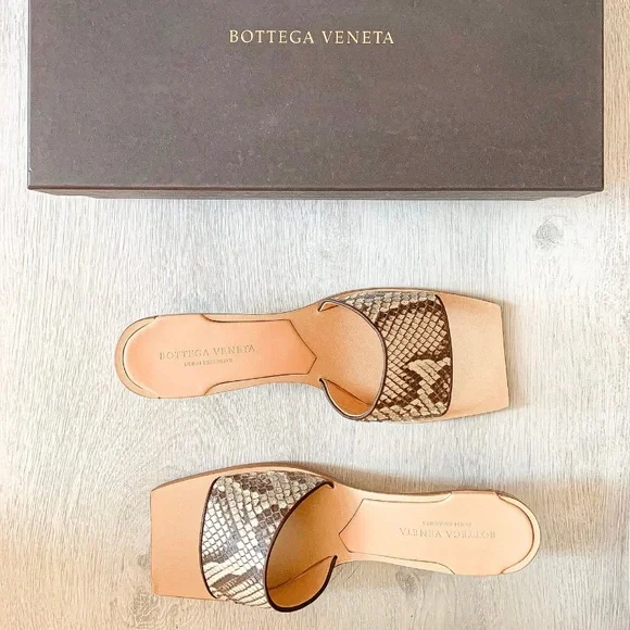 Bottega Veneta Square Toe Python Leather Strap Low Sandals Heels - Picture 2 of 4